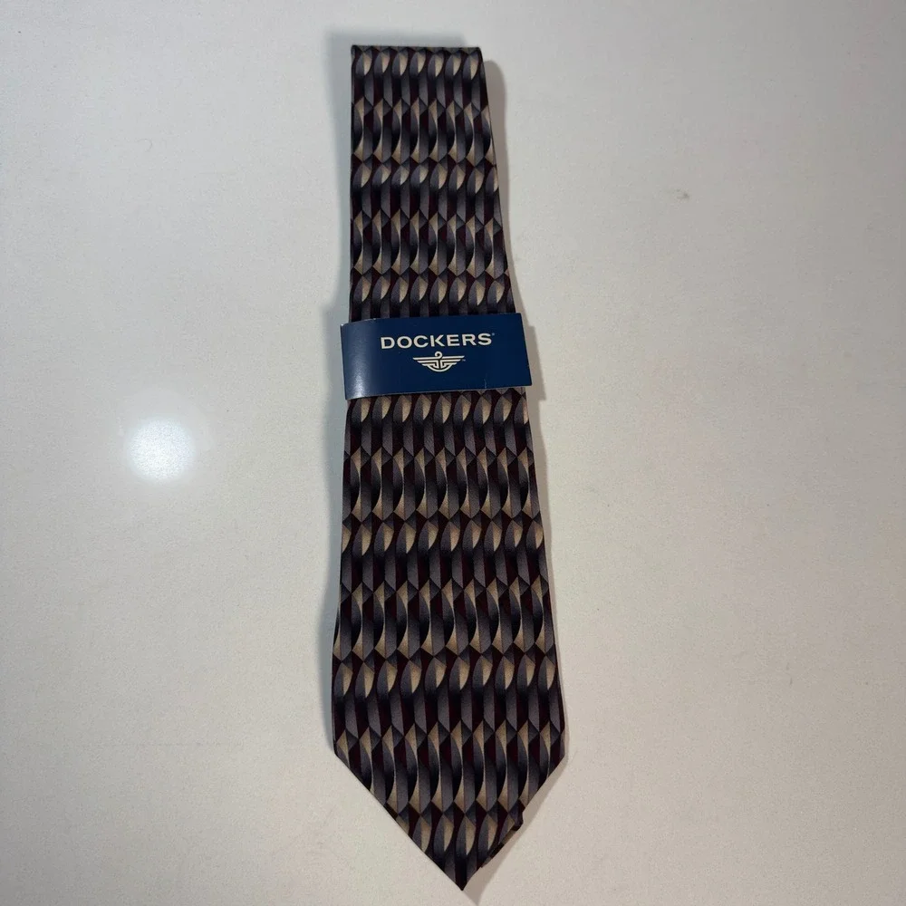 Dockers Necktie Mens OS Grey Tan NEW Vintage 90s Geometric Silk Casual Lifestyle